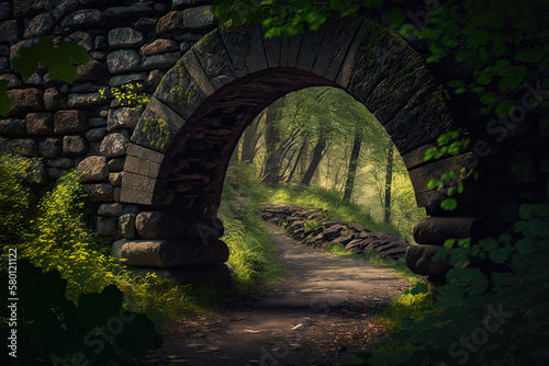 stone arch wall entrance in the forest.