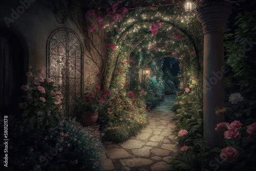 splendid image of a beautiful and magical garden illuminated at night.
