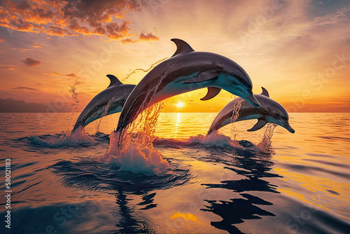 beautiful image of several dolphins jumping at sunset. © Giovanna