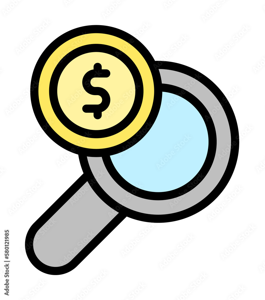 magnifier dollar coin icon. Simple color with outline elements of bankruptcy icons for ui and ux, website or mobile application on white background magnifier dollar coin icon. Simple color with outline elements of bankruptcy icons for ui and ux, website or mobile application on white background