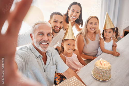 Birthday selfie  portrait family and cake with grandparents  children and parents in living room in house. Girl kids  mother  father and senior people taking photo at birthday party in family home