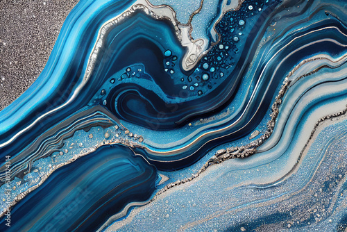 Vivid blue acrylic color liquid ink swirled abstract background with modern ravishing turbulence wavy pattern and detailed texture by Generative AI.