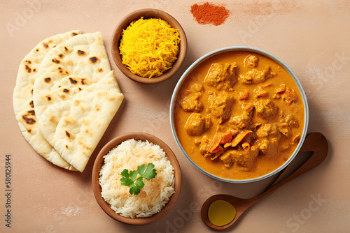 Spicy butter chicken, khichdi and rice, Pastel background, Generative AI