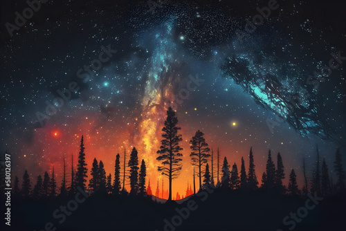 Forest landscape with starry sky with colorful galactic nebula / Generative AI © Menemen