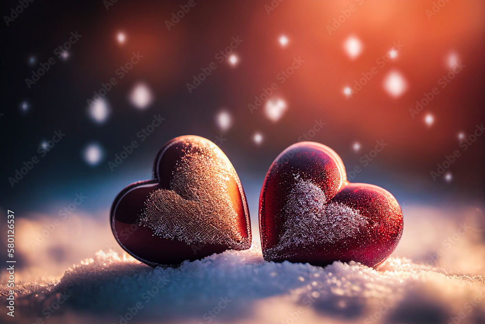 Fototapeta premium Red hearts in the snow with frost and heart shaped bokeh in the background. Valentines day romance generative ai