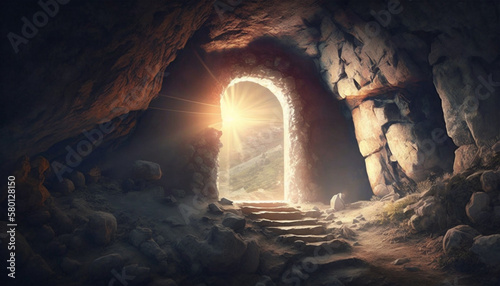 Crucifixion and Resurrection. He is Risen. Empty tomb of Jesus with crosses in the background and cinematic lighting. Ai generated image © robert