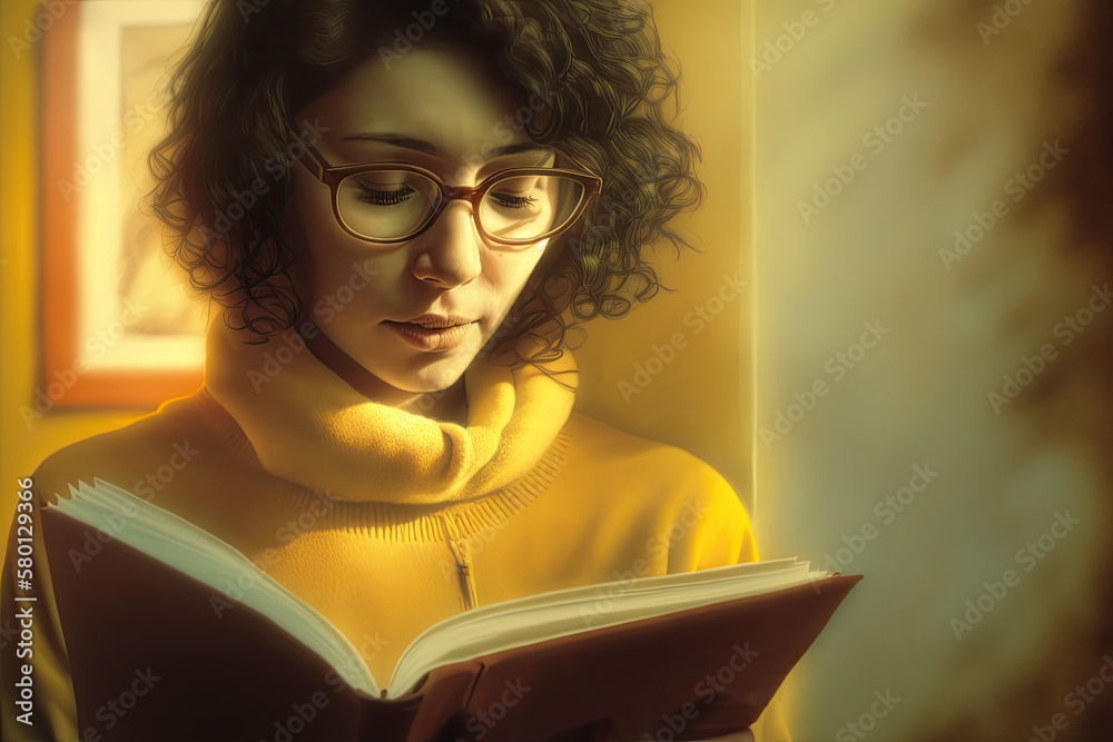 Young woman reading a book, Generative AI Young woman reading a book, Generative AI