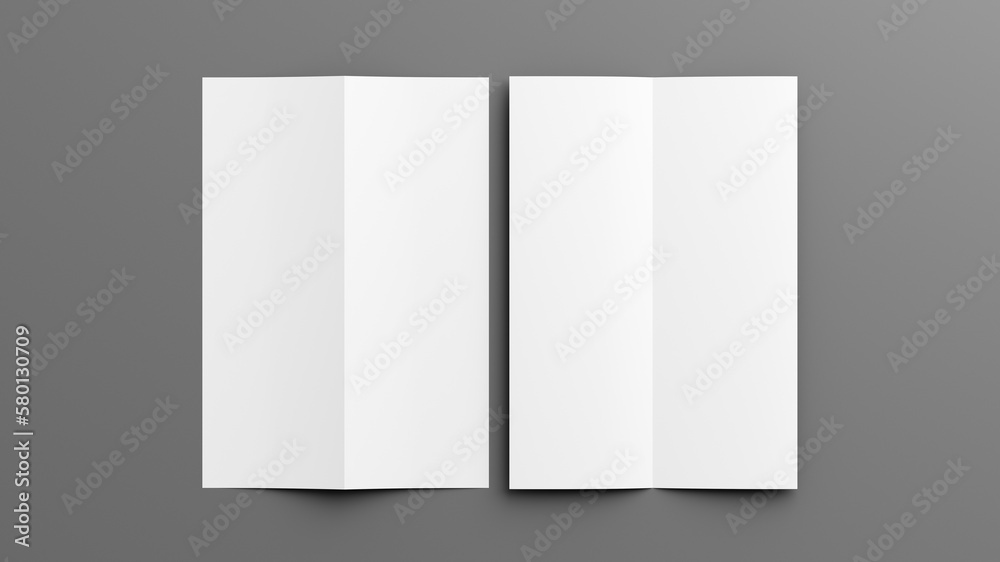 Half-folded flyer A4 vertical booklet mock up on gray background. View directly above Half-folded flyer A4 vertical booklet mock up on gray background. View directly above