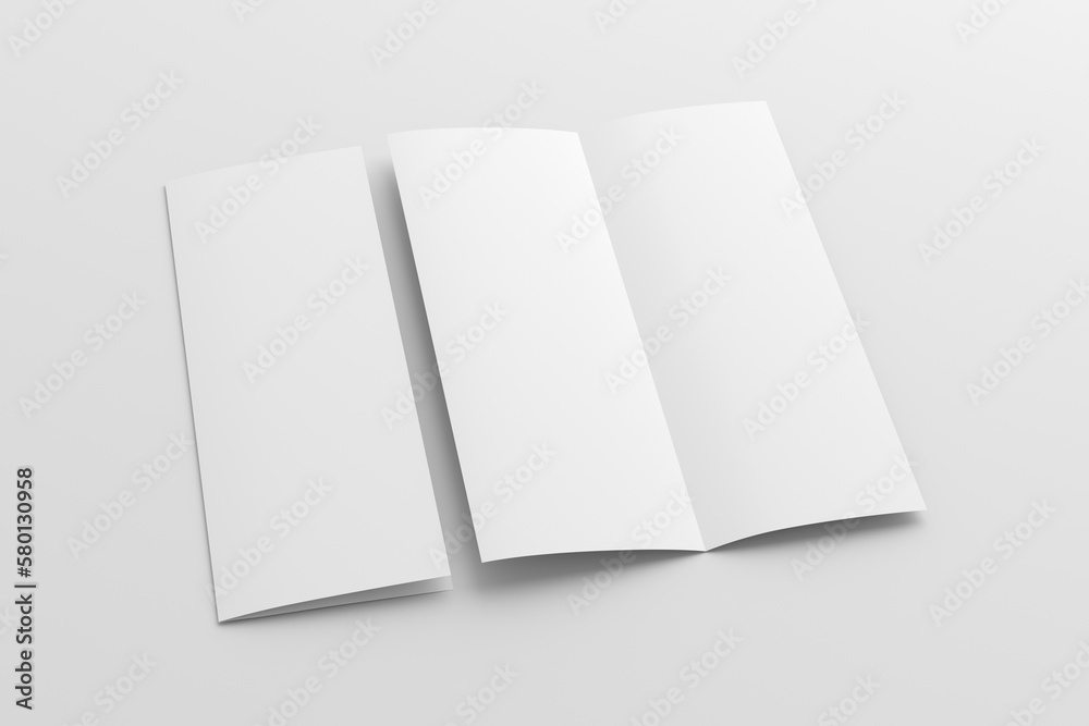 Half-folded flyer A4 vertical booklet mock up on white background. Side view Half-folded flyer A4 vertical booklet mock up on white background. Side view