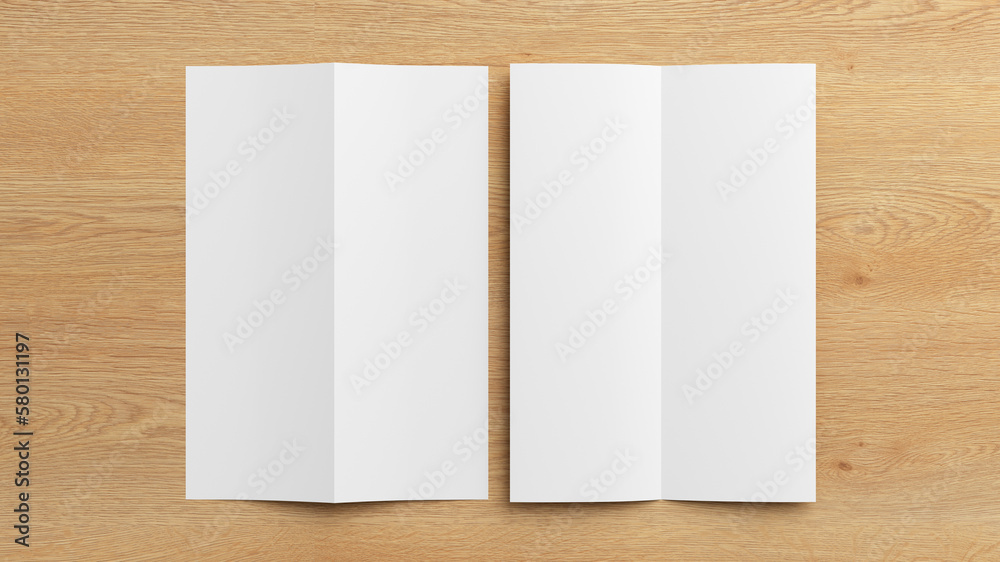 Half-folded flyer A4 vertical booklet mock up on wooden background. View directly above Half-folded flyer A4 vertical booklet mock up on wooden background. View directly above