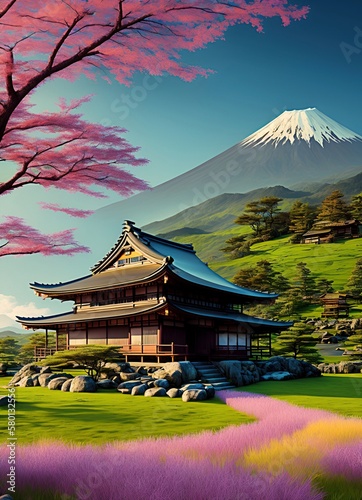 Illustration, beautiful, landscape, typical Japanese, with Mount Fuji, in the background, created with ai,