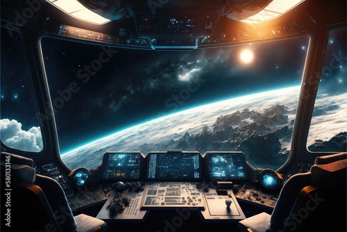 Fototapeta Naklejka Na Ścianę i Meble -  Outer view of spaceship window with control system room. Abstract discover new planet in space. Finest generative AI.