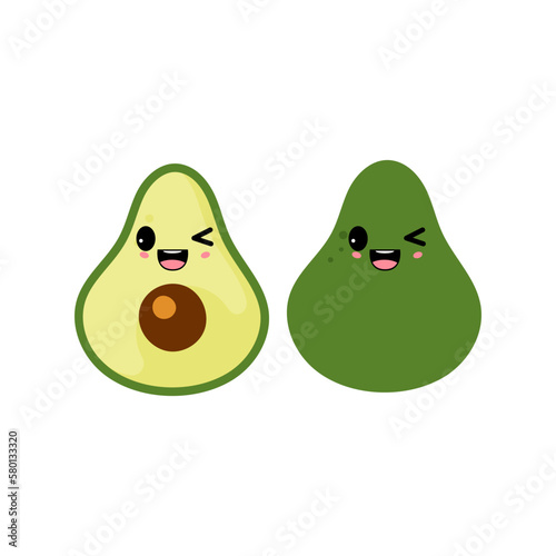 Frisky avocado with kawaii emoji. Flat design vector illustration of avocado on white background