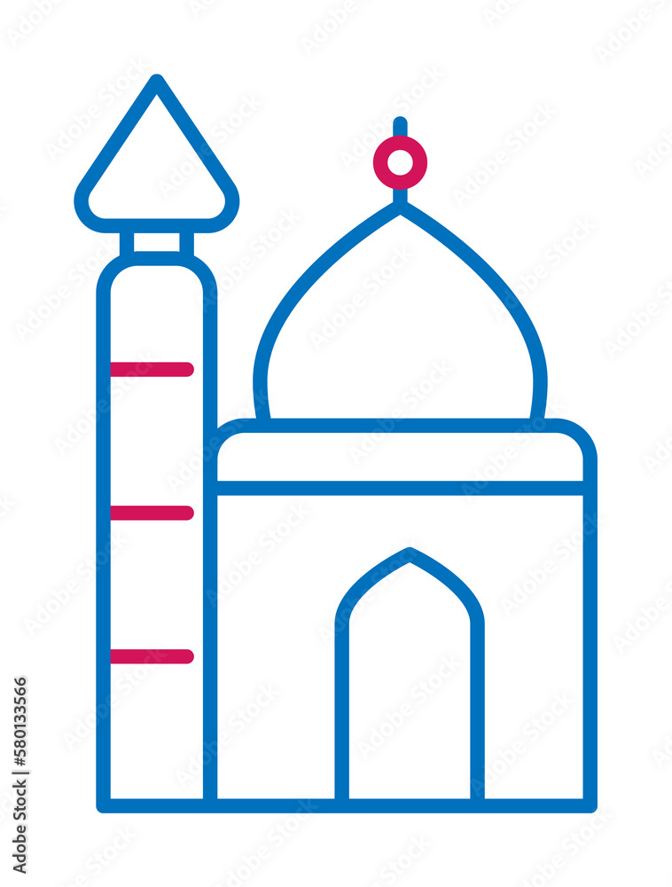 Islam, small mosque 2 colored line icon. Simple blue and red element illustration. Islam, small mosque concept outline symbol design from Islam set on white background Islam, small mosque 2 colored line icon. Simple blue and red element illustration. Islam, small mosque concept outline symbol design from Islam set on white background