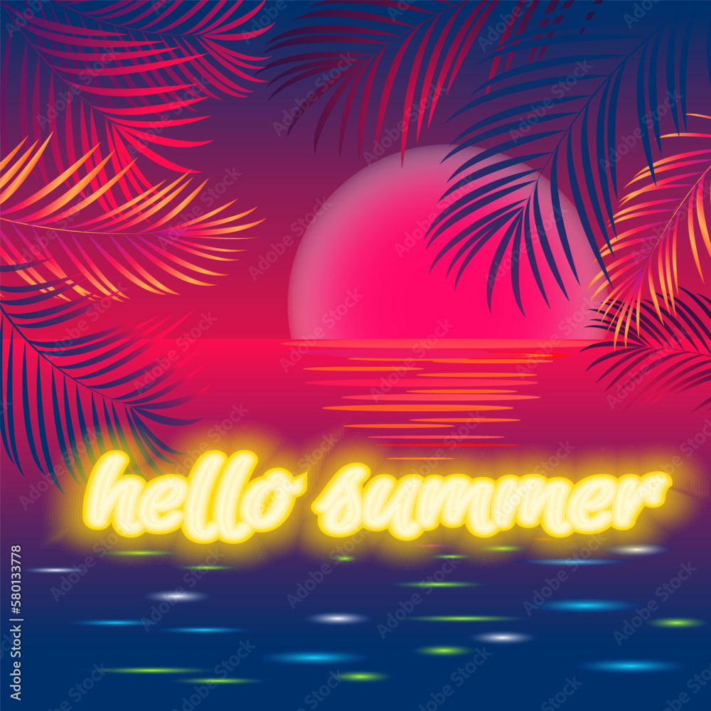 Fototapeta premium Tropical summer background with sunset and sea.Vector