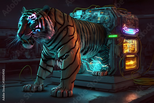 Tiger. Robo tiger. Cyborg tiger. 3D rendering of a tiger in futuristic style. 3D illustration.. 3d rendering of a tiger on a black background with neon lights. Generative AI technology. photo