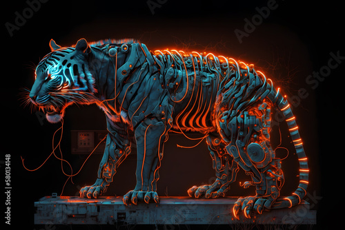 Tiger. Robo tiger. Cyborg tiger. 3D rendering of a tiger in futuristic style. 3D illustration.. 3d rendering of a tiger on a black background with neon lights. Generative AI technology. © vachom