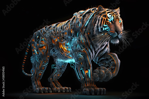 Tiger. Robo tiger. Cyborg tiger. 3D rendering of a tiger in futuristic style. 3D illustration.. 3d rendering of a tiger on a black background with neon lights. Generative AI technology. © vachom