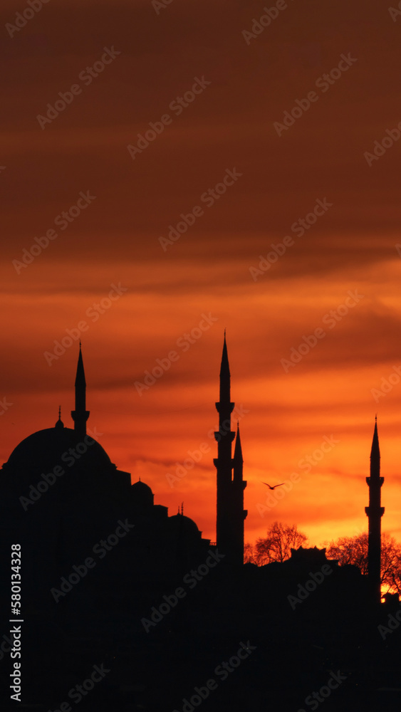 Ramadan vertical photo. Suleymaniye Mosque and dramatic clouds