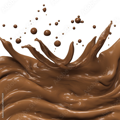 Illustration of melted and splashed chocolate milk, coffee, caramel elements. pouring flowing chocolate. Transparent PNG is available. generative AI.
