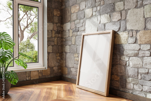 single empty canvas poster mock up leaning on wall; bright daylight shining through a large window; home decoration desing; 3D Illustration