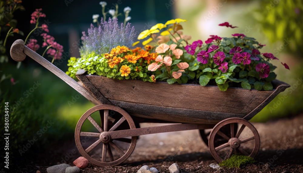 Vintage Garden Charm: Rustic Wooden Cart with Colorful Flowers in a Charming Countryside View (created with Generative AI)