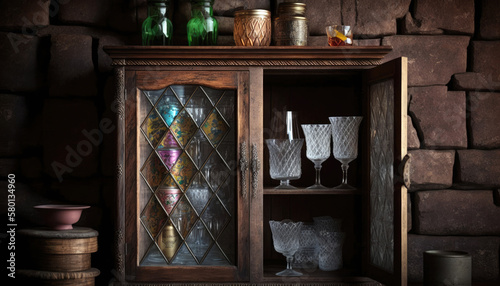 Vintage Elegance: A Rustic Wooden Cabinet Adorned with a Mix of Antique Glassware and Porcelain (created with Generative AI)