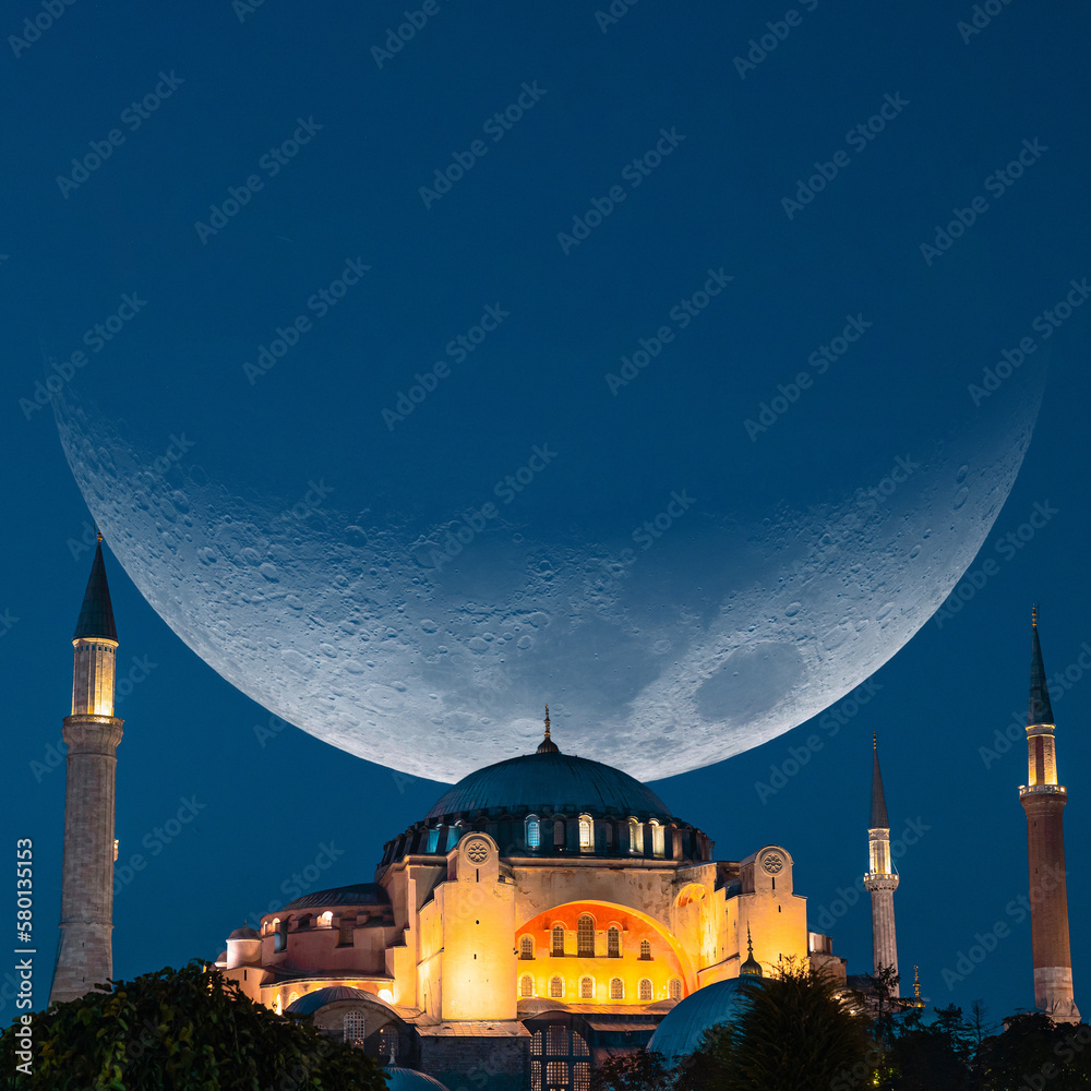 Obraz premium Hagia Sophia or Ayasofya Mosque with crescent moon. Ramadan background photo.