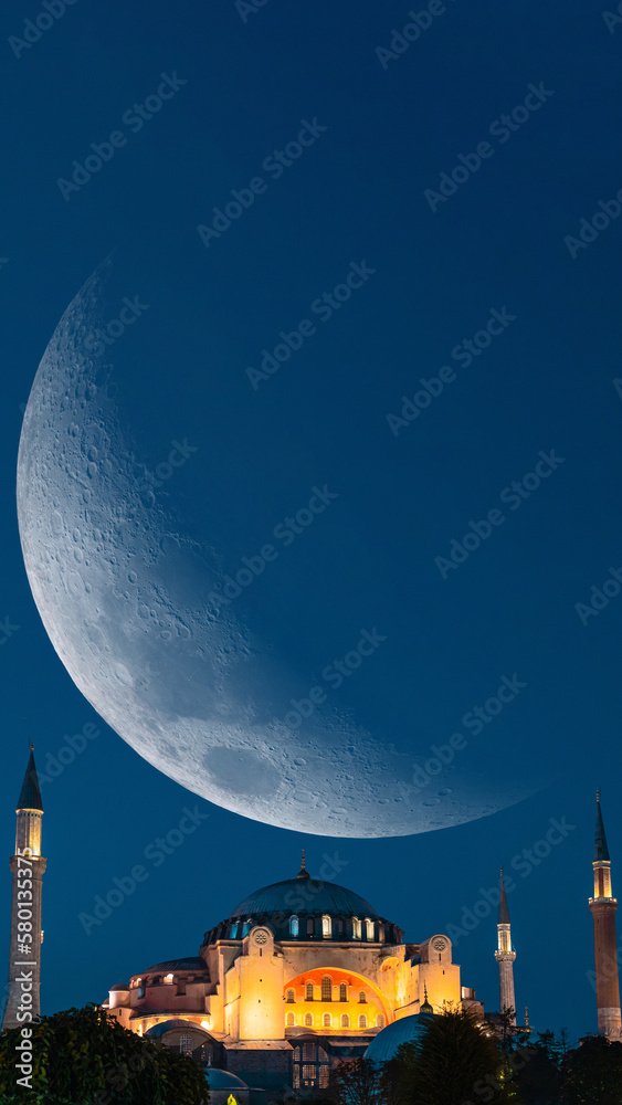Hagia Sophia and crescent moon. Islamic story photo.