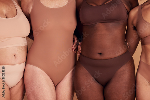 Diversity, women and skincare for body positivity, inclusivity and on brown studio background. Health females, freedom and multiracial ladies with confidence, wellness and healthy with empowerment. photo