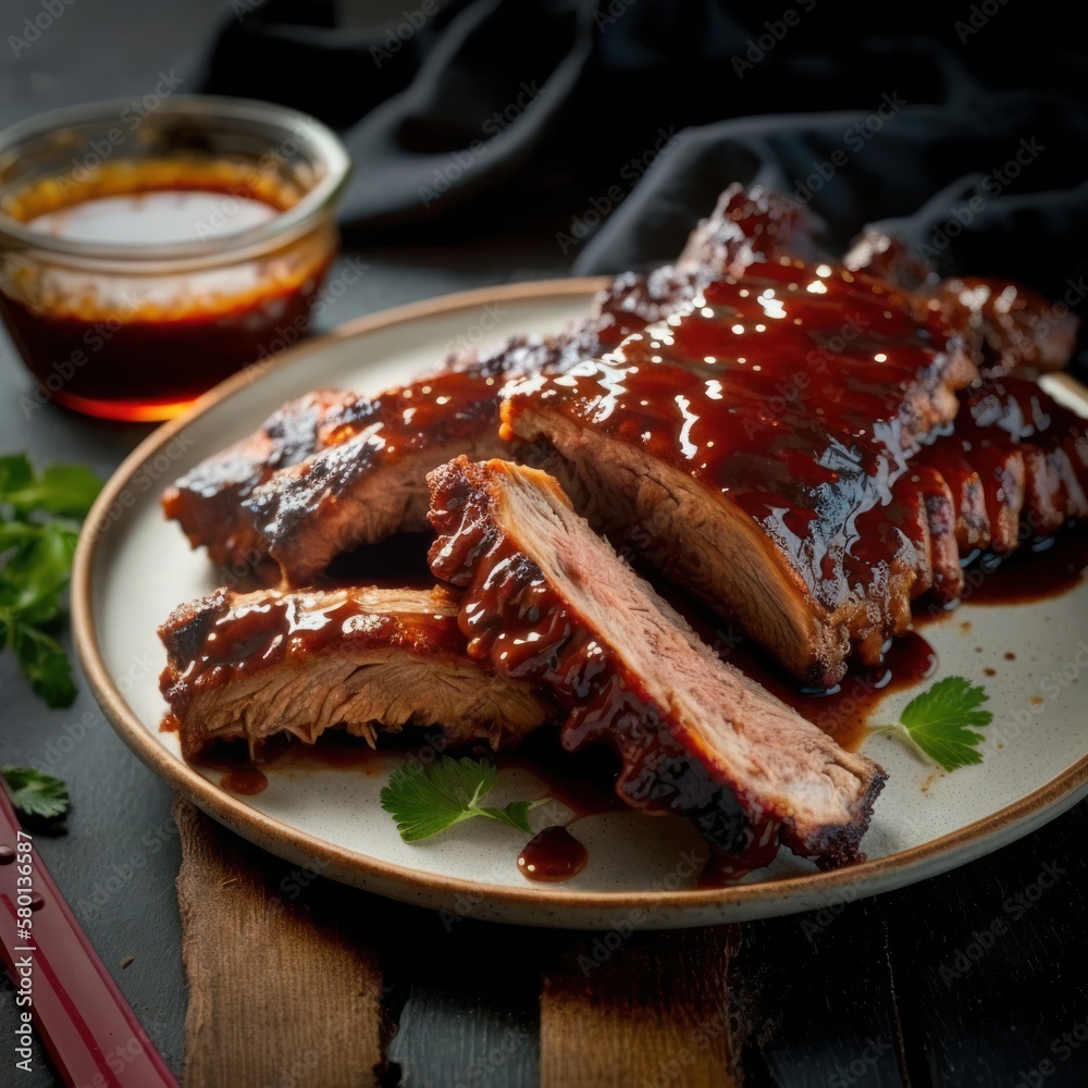 BBQ pork ribs are charred and caramelized, Memphisstyle, Kansas City