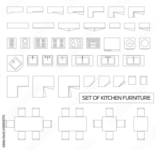 Set of kitchen furniture, top view