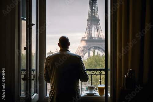 Man traveler drink cup of morning coffee on balcony windowsill an open window with overlooking Paris and the Eiffel Tower. Travel concept and morning with breakfast at the hotel. Generative AI