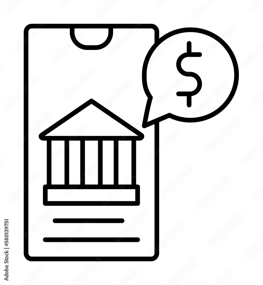 Smartphone bank icon. Simple line, outline of phone application icons for ui and ux, website or mobile application on white background Smartphone bank icon. Simple line, outline of phone application icons for ui and ux, website or mobile application on white background