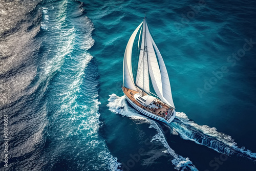 luxury sailing yacht sails on blue ocean water in summer sailing. Top view. Generative AI