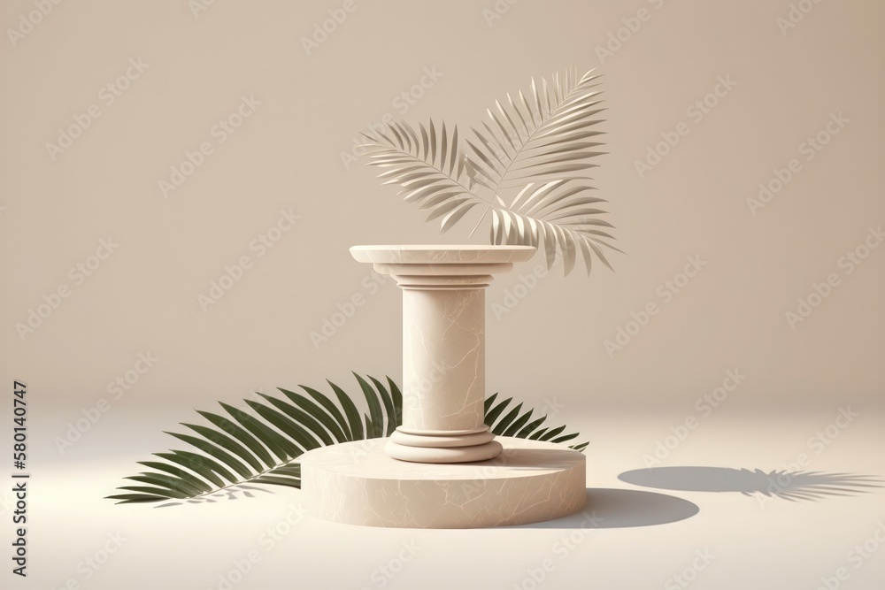 3D stone display podium on beige background palm leaves. AI generation.