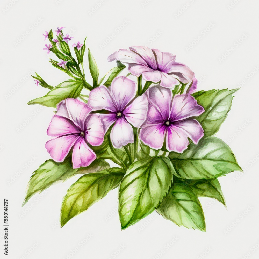 Watercolor illustration of light purple phloxes flowers. Generative AI art. Watercolor illustration of light purple phloxes flowers. Generative AI art.