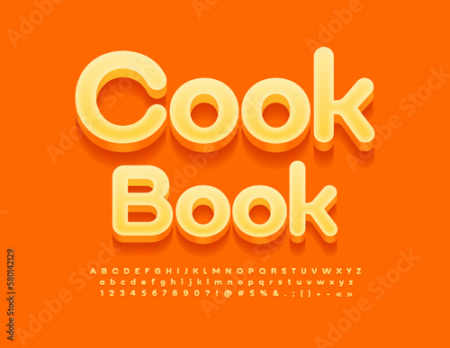 Vector artistic Emblem Cook Book. Orange 3D Font. Modern Alphabet Letters and Numbers