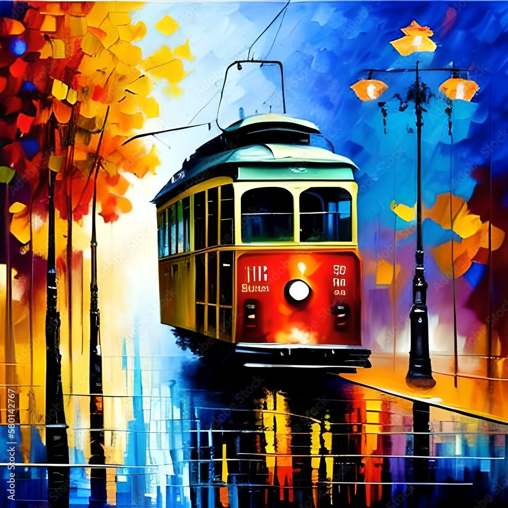 Obraz premium Oil painting of a tram in the city
