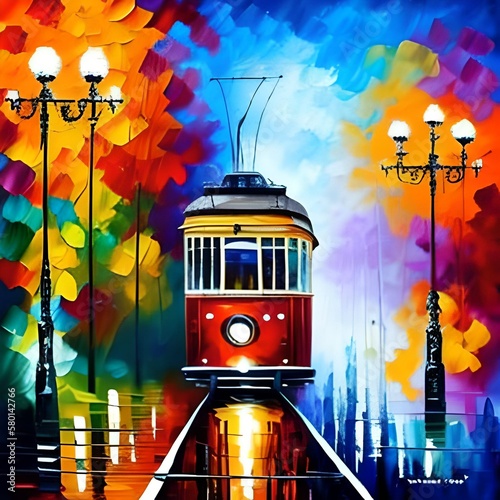Oil painting of a tram in the city
