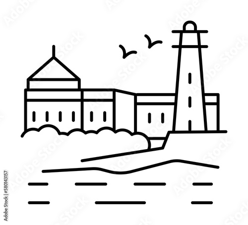 Marina and lighthouse line icon, outline sign, linear style pictogram isolated on white. Symbol, logo illustration. Editable stroke. Pixel perfect graphics graphics