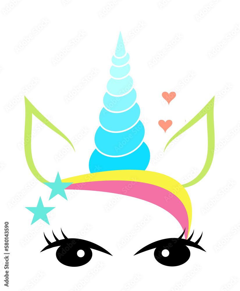 Obraz premium Cute unicorn face. Funny character with beauty eyes, bang, flower. Card and shirt print design. Colorful illustration isolated on white background.