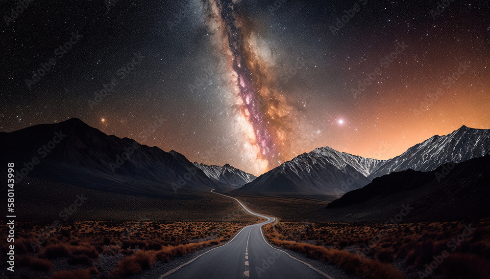Celestial Highway Journey, View of the Milky Way Galaxy Night Sky road, dramatic universe natural landscape