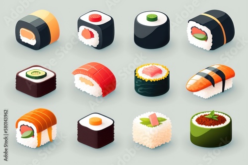 Roll funny set illustration. Asian food. AI Generation