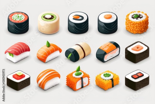 Roll funny set illustration. Asian food. AI Generation