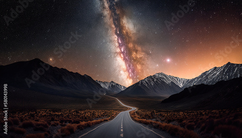 Celestial Highway Journey, View of the Milky Way Galaxy Night Sky road, dramatic universe natural landscape © Syntetic Dreams