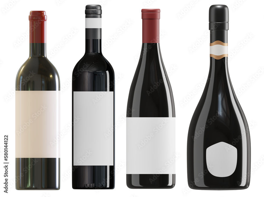 Red wine and alcohol bottles 3d set isolated mock up with transparent background Red wine and alcohol bottles 3d set isolated mock up with transparent background