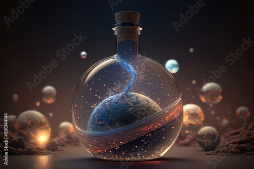 The fantasy universe a glass bottle. Abstract magic concept. AI Generation