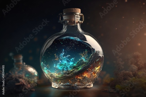 The fantasy universe a glass bottle. Abstract magic concept. AI Generation