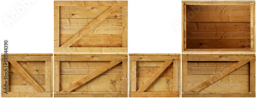  A scan of the sides or fronts of a wooden box isolated on a transparent background. Template or source. 3d render
